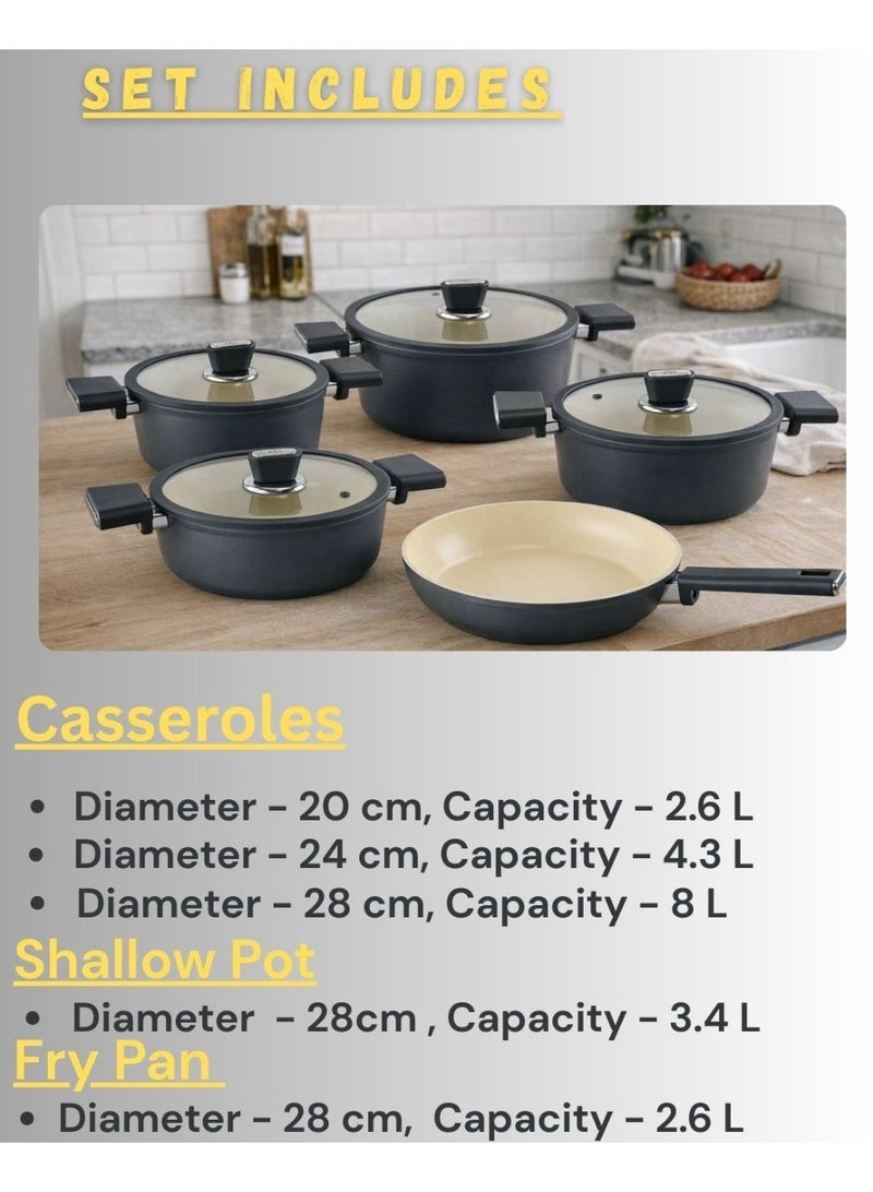 أوزو طقم أواني طهي تركية فاخرة من أوزو، 9 قطع، مصنوعة من الجرانيت الأسود غير اللاصق، مع أغطية زجاجية، رقم الموديل 3933، صنع في تركيا - Image 2